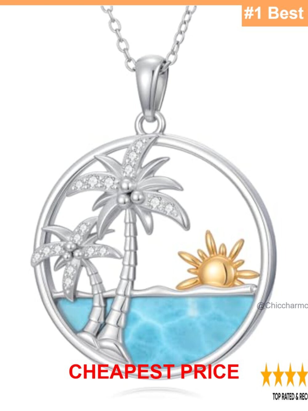 Larimar Palm Tree Pendant Necklace 925 Sterling Silver Gemstone